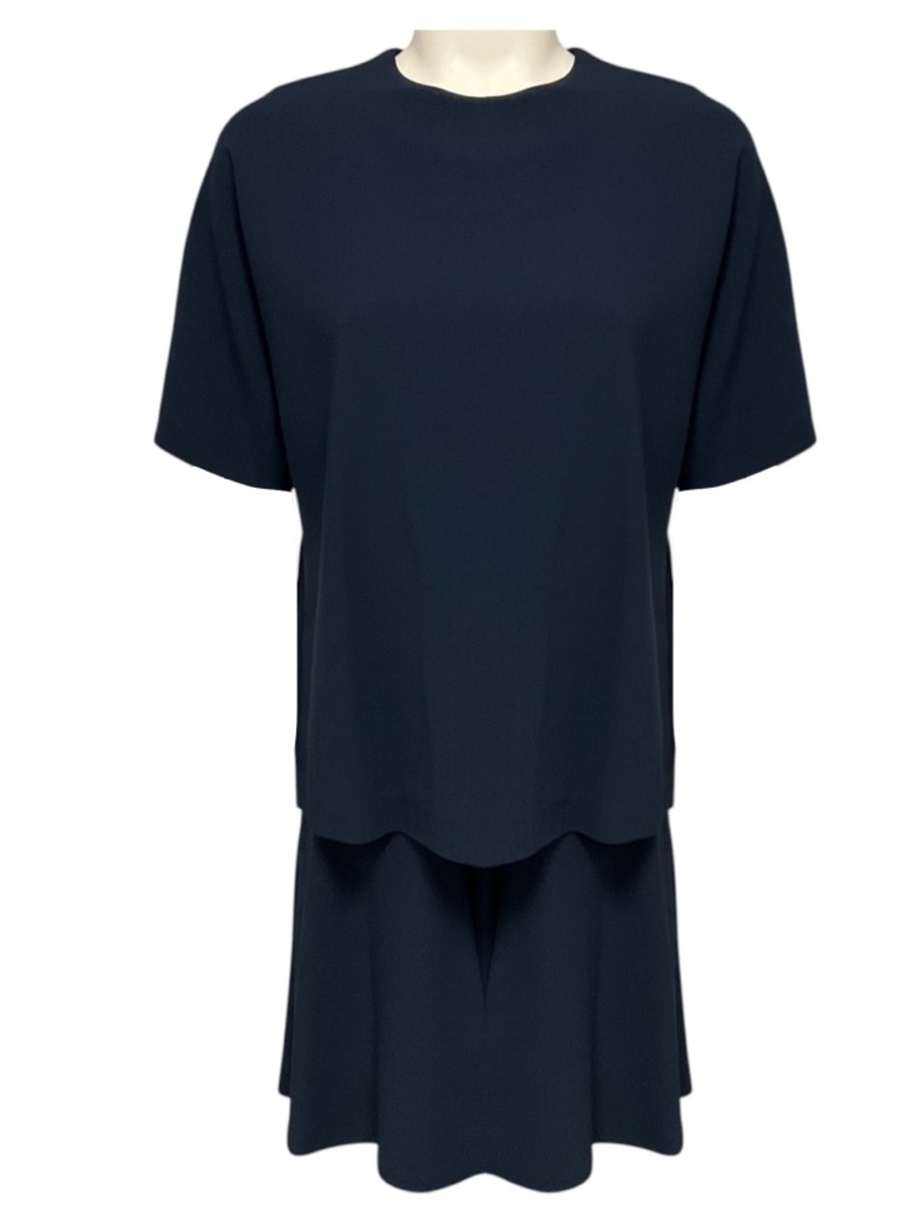 BRUNELLO CUCINELLI NAVY BLUE SHORT SLEEVED TIERED WOOL CREPE MIDI DRESS